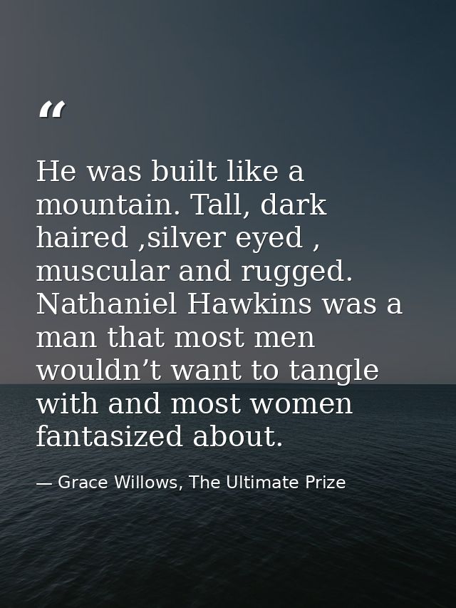 He was built like a mountain. Tall, dark haired ,silver eyed , muscular and rugged. Nathaniel Hawkins was a man that mos — Grace Willows, The Ultimate Prize