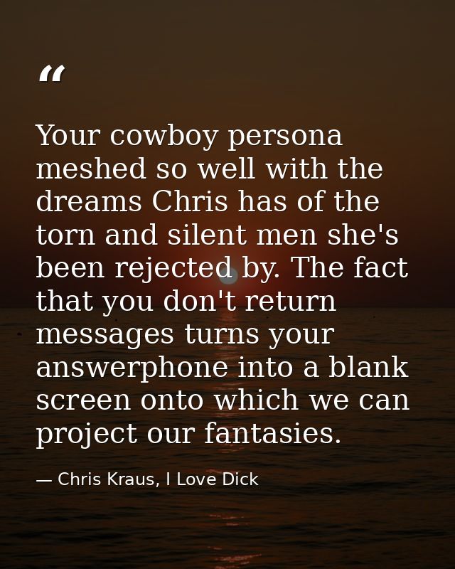 Your cowboy persona meshed so well with the dreams Chris has of the torn and silent men she's been rejected by. The fact — Chris Kraus, I Love Dick