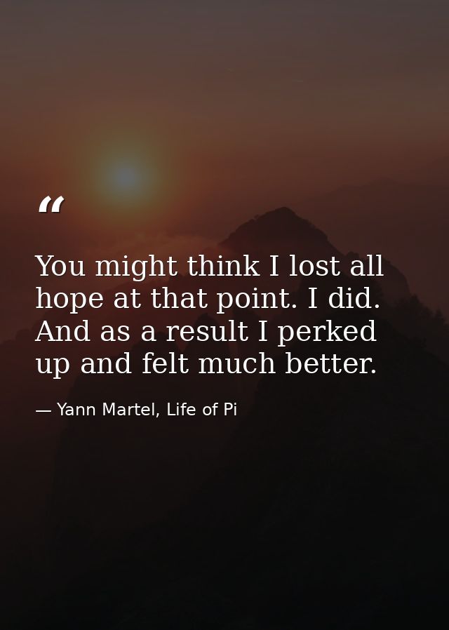 You might think I lost all hope at that point. I did. And as a result I perked up and felt much better. — Yann Martel, Life of Pi