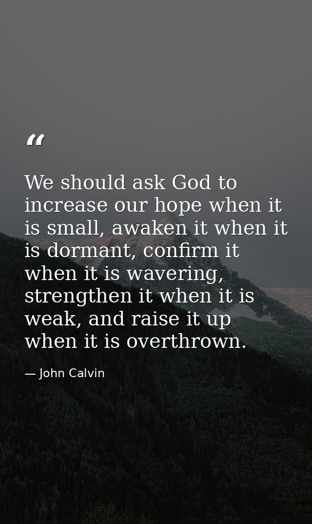 We should ask God to increase our hope when it is small, awaken it when it is dormant, confirm it when it is wavering, s — John Calvin