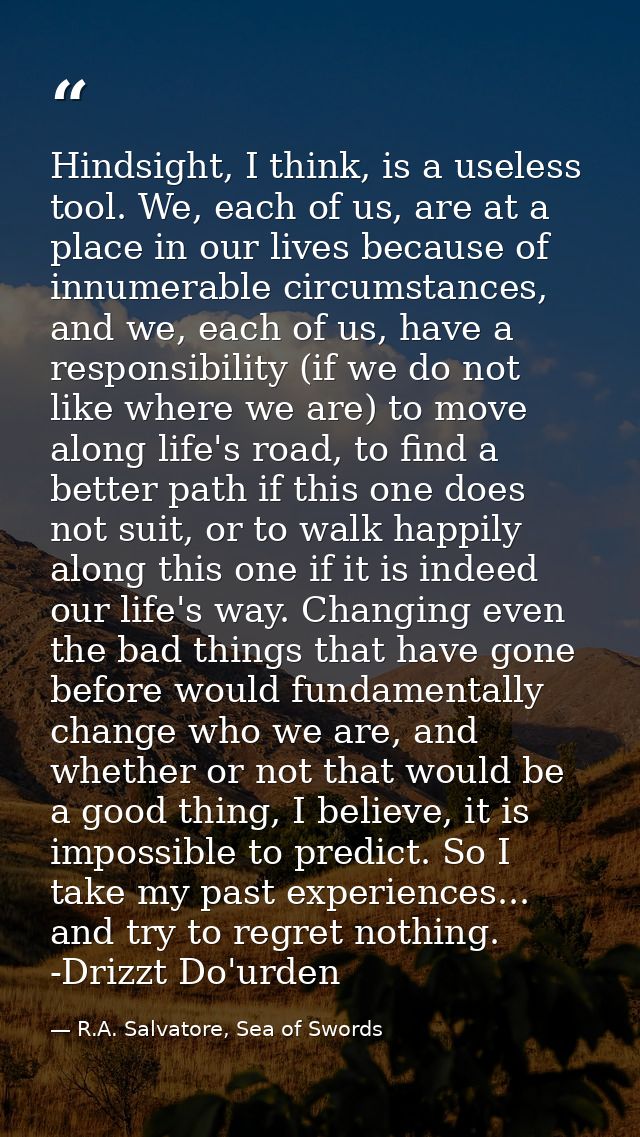 Hindsight, I think, is a useless tool. We, each of us, are at a place in our lives because of innumerable circumstances, — R.A. Salvatore, Sea of Swords