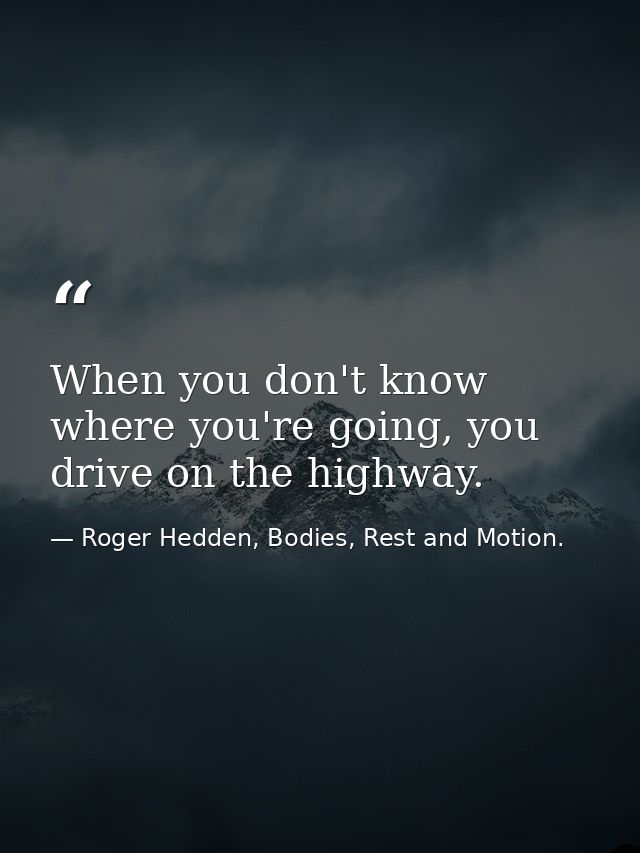 When you don't know where you're going, you drive on the highway. — Roger Hedden, Bodies, Rest and Motion.