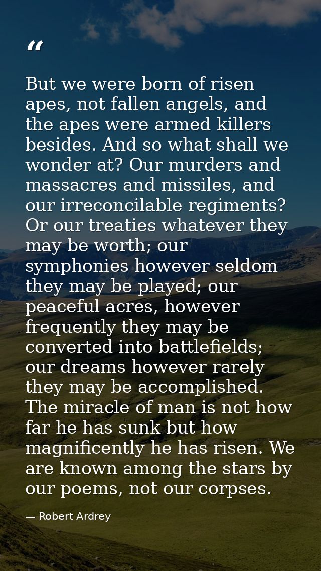 But we were born of risen apes, not fallen angels, and the apes were armed killers besides. And so what shall we wonder  — Robert Ardrey