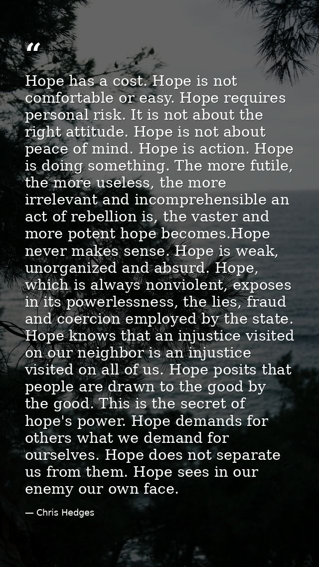Hope has a cost. Hope is not comfortable or easy. Hope requires personal risk. It is not about the right attitude. Hope  — Chris Hedges
