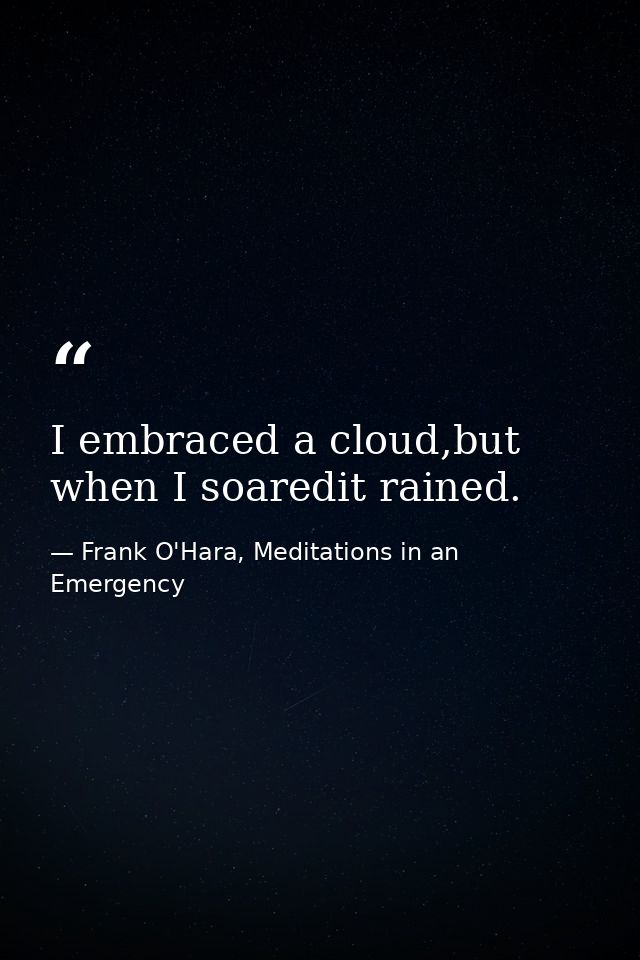 I embraced a cloud,but when I soaredit rained. — Frank O'Hara, Meditations in an Emergency