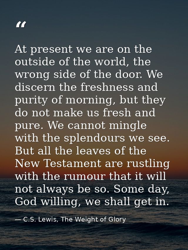 At present we are on the outside of the world, the wrong side of the door. We discern the freshness and purity of mornin — C.S. Lewis, The Weight of Glory