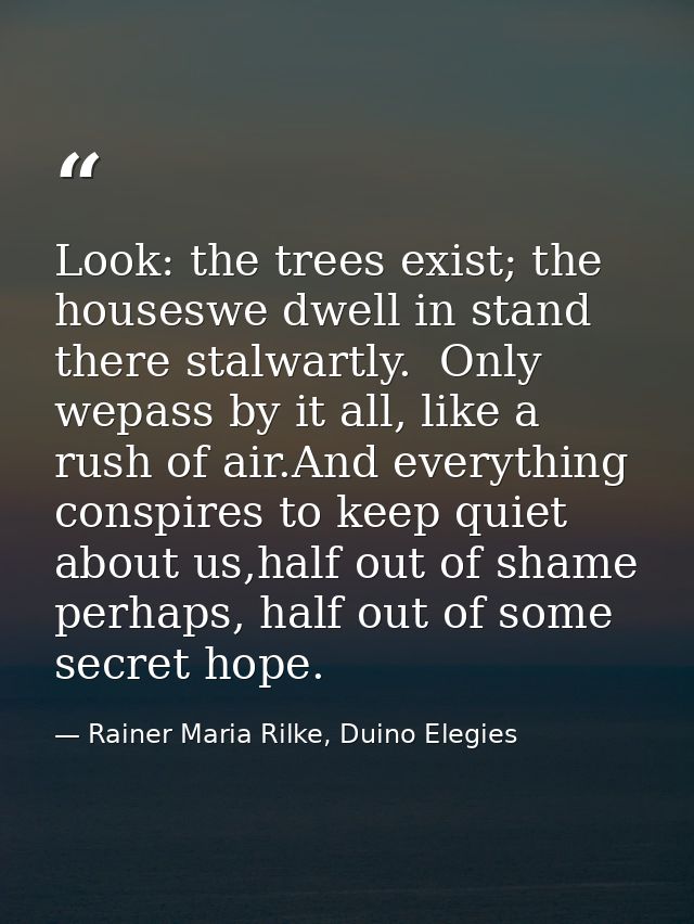 Look: the trees exist; the houseswe dwell in stand there stalwartly.  Only wepass by it all, like a rush of air.And ever — Rainer Maria Rilke, Duino Elegies