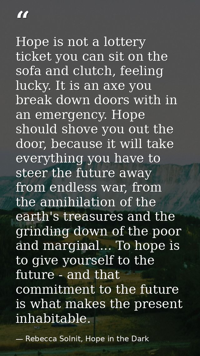 Hope is not a lottery ticket you can sit on the sofa and clutch, feeling lucky. It is an axe you break down doors with i — Rebecca Solnit, Hope in the Dark