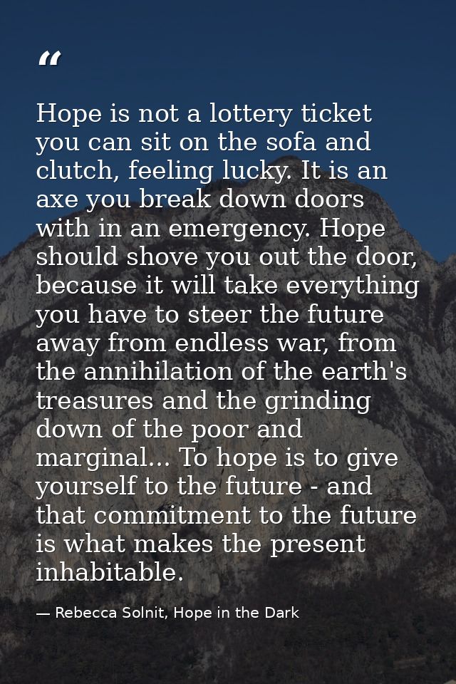 Hope is not a lottery ticket you can sit on the sofa and clutch, feeling lucky. It is an axe you break down doors with i — Rebecca Solnit, Hope in the Dark