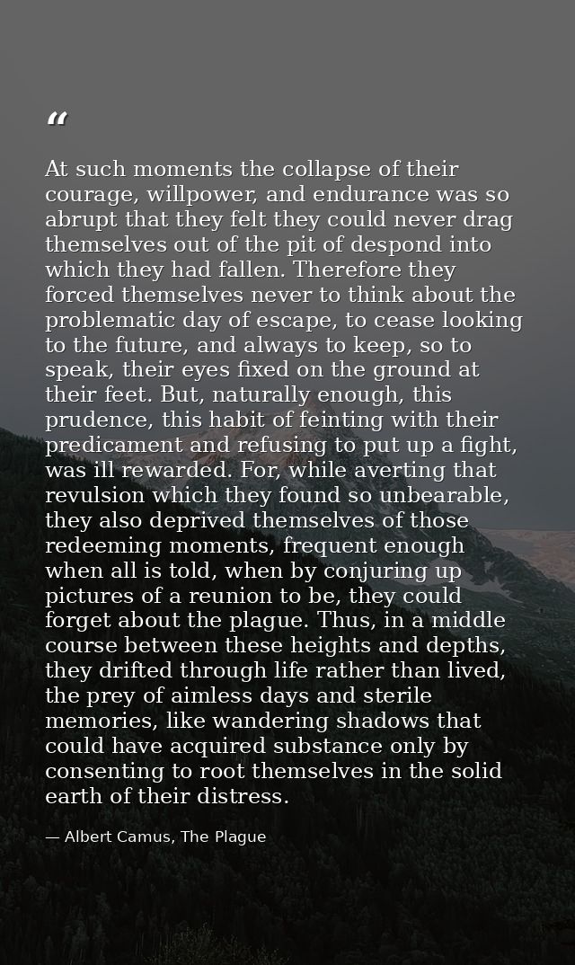 At such moments the collapse of their courage, willpower, and endurance was so abrupt that they felt they could never dr — Albert Camus, The Plague