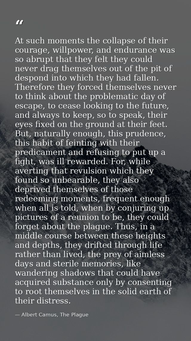 At such moments the collapse of their courage, willpower, and endurance was so abrupt that they felt they could never dr — Albert Camus, The Plague