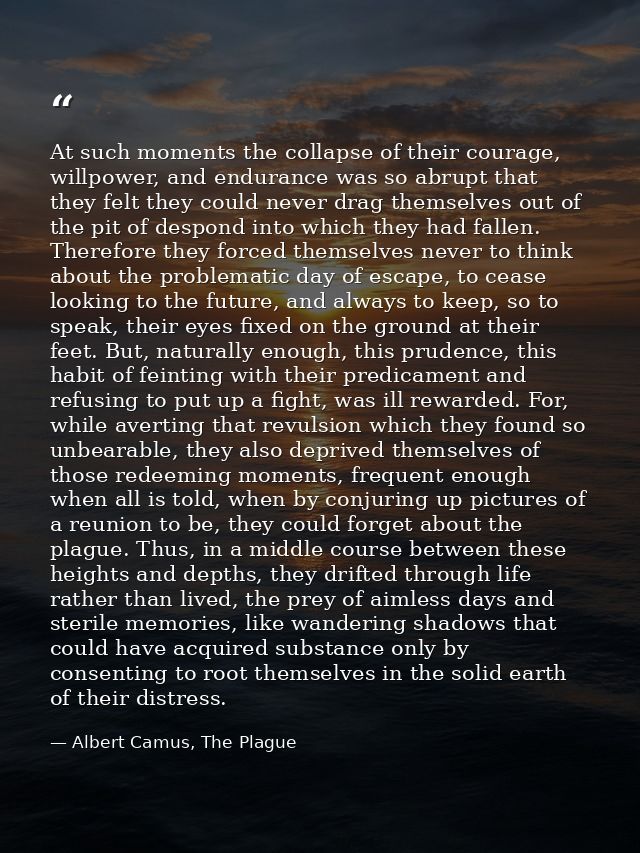 At such moments the collapse of their courage, willpower, and endurance was so abrupt that they felt they could never dr — Albert Camus, The Plague