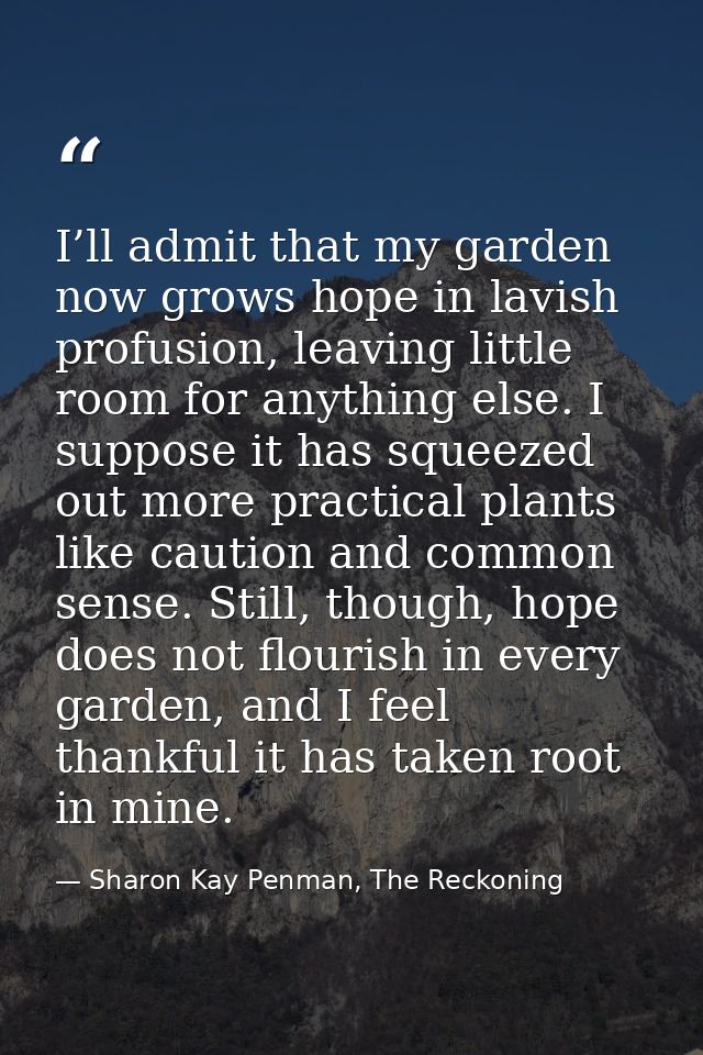 I’ll admit that my garden now grows hope in lavish profusion, leaving little room for anything else. I suppose it has sq — Sharon Kay Penman, The Reckoning