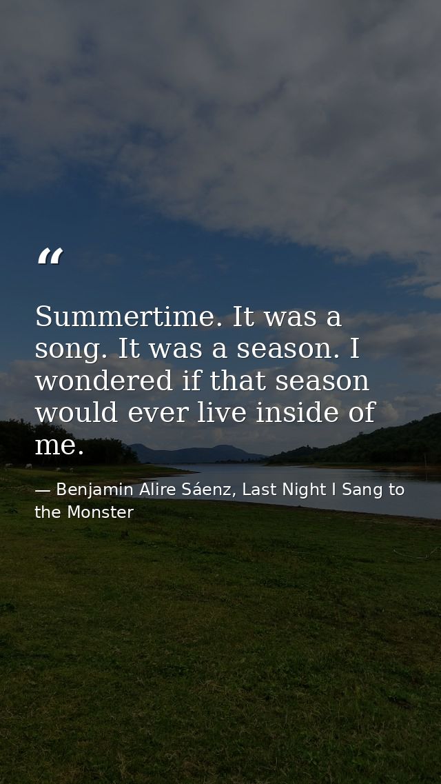 Summertime. It was a song. It was a season. I wondered if that season would ever live inside of me. — Benjamin Alire Sáenz, Last Night I Sang to the Monster
