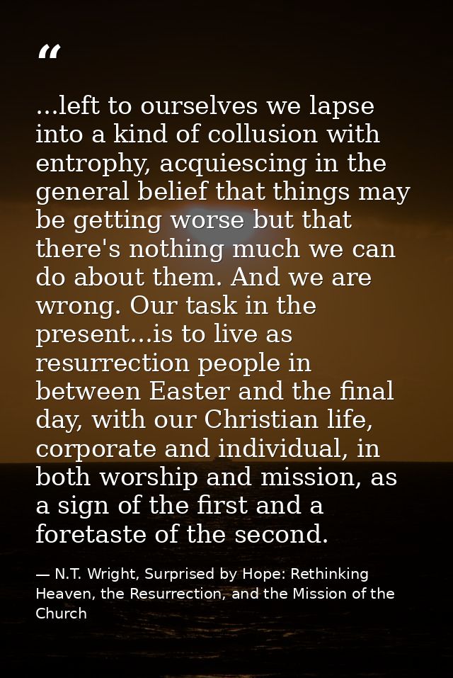 ...left to ourselves we lapse into a kind of collusion with entrophy, acquiescing in the general belief that things may  — N.T. Wright, Surprised by Hope: Rethinking Heaven, the Resurrection, and the Mission of the Church