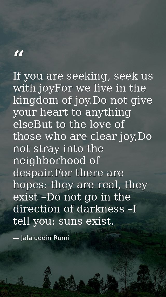 If you are seeking, seek us with joyFor we live in the kingdom of joy.Do not give your heart to anything elseBut to the  — Jalaluddin Rumi