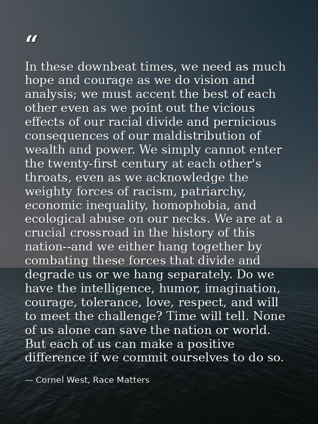 In these downbeat times, we need as much hope and courage as we do vision and analysis; we must accent the best of each  — Cornel West, Race Matters