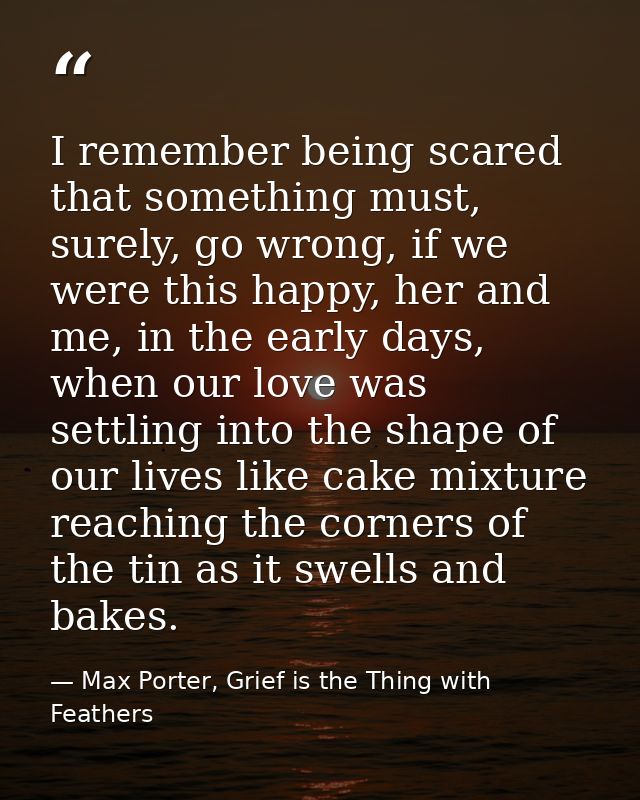 I remember being scared that something must, surely, go wrong, if we were this happy, her and me, in the early days, whe — Max Porter, Grief is the Thing with Feathers