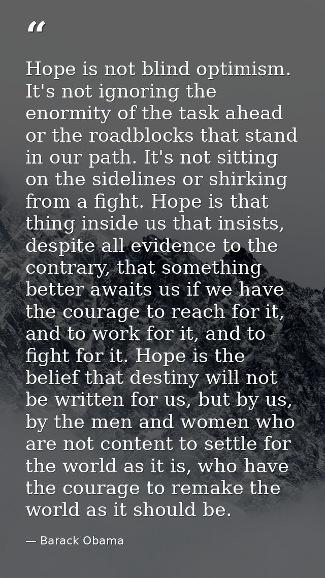Hope is not blind optimism. It's not ignoring the enormity of the task ahead or the roadblocks that stand in our path. I — Barack Obama