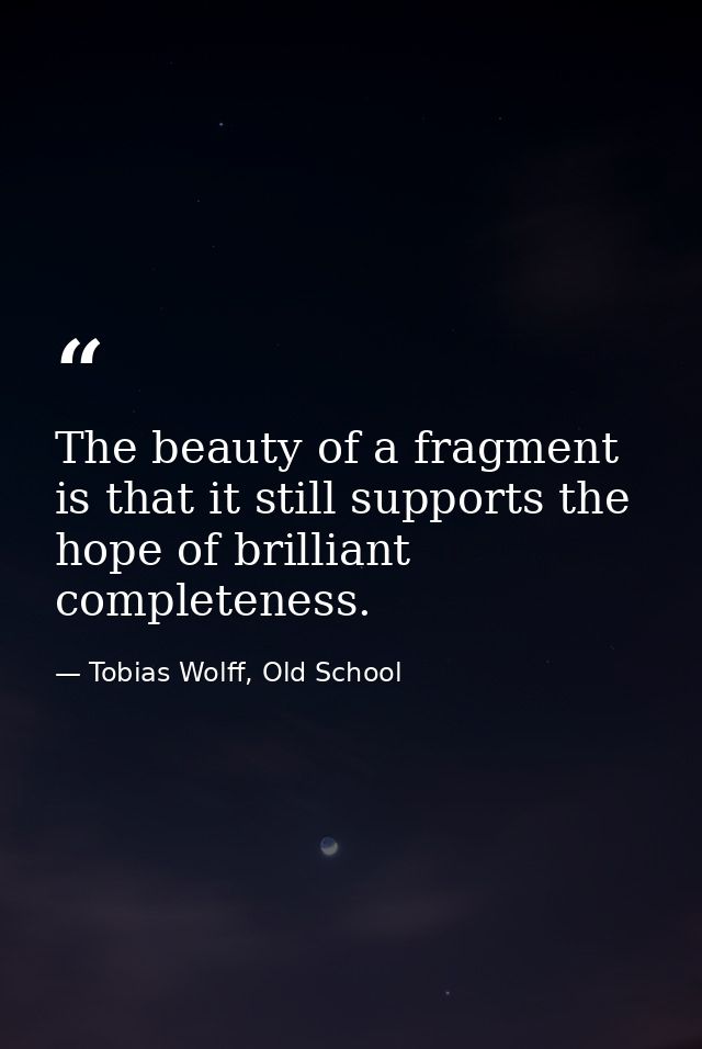 The beauty of a fragment is that it still supports the hope of brilliant completeness. — Tobias Wolff, Old School