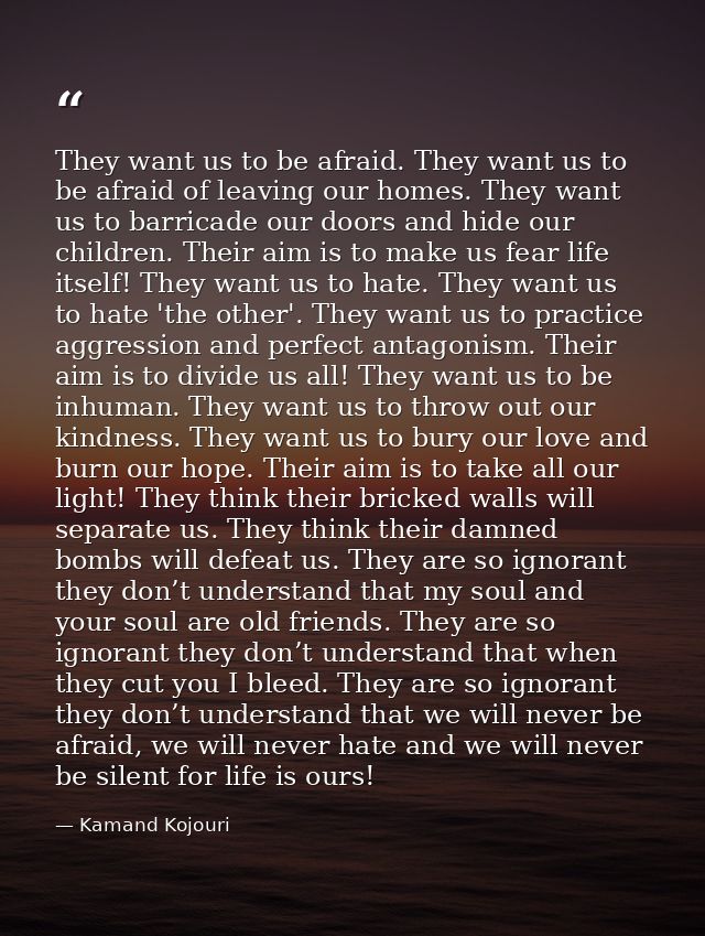 They want us to be afraid. They want us to be afraid of leaving our homes. They want us to barricade our doors and hide  — Kamand Kojouri