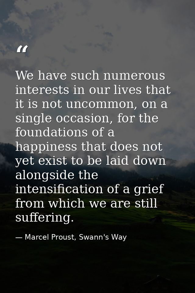 We have such numerous interests in our lives that it is not uncommon, on a single occasion, for the foundations of a hap — Marcel Proust, Swann's Way