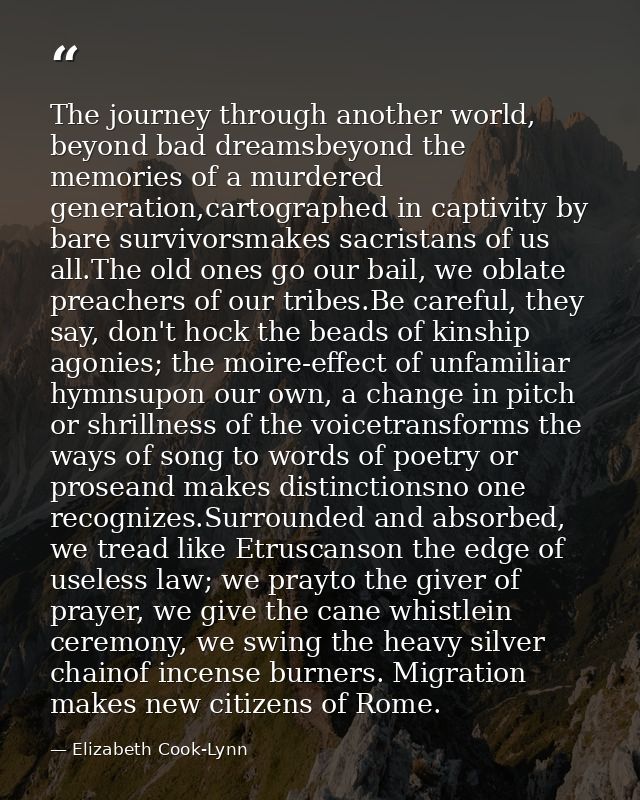 The journey through another world, beyond bad dreamsbeyond the memories of a murdered generation,cartographed in captivi — Elizabeth Cook-Lynn