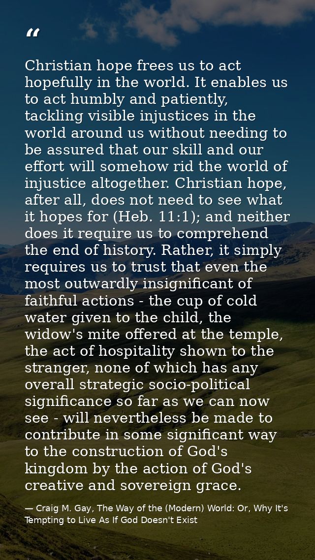 Christian hope frees us to act hopefully in the world. It enables us to act humbly and patiently, tackling visible injus — Craig M. Gay, The Way of the (Modern) World: Or, Why It's Tempting to Live As If God Doesn't Exist