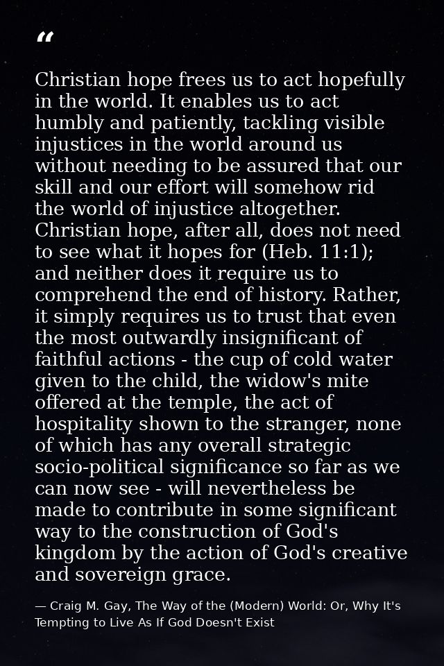 Christian hope frees us to act hopefully in the world. It enables us to act humbly and patiently, tackling visible injus — Craig M. Gay, The Way of the (Modern) World: Or, Why It's Tempting to Live As If God Doesn't Exist