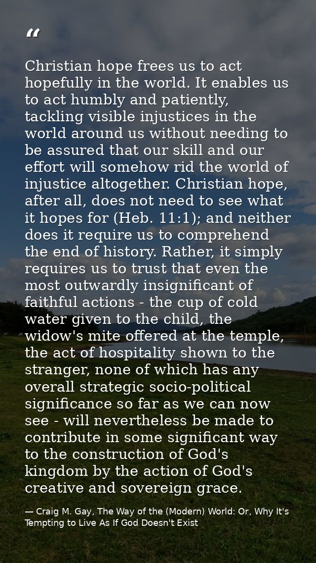 Christian hope frees us to act hopefully in the world. It enables us to act humbly and patiently, tackling visible injus — Craig M. Gay, The Way of the (Modern) World: Or, Why It's Tempting to Live As If God Doesn't Exist