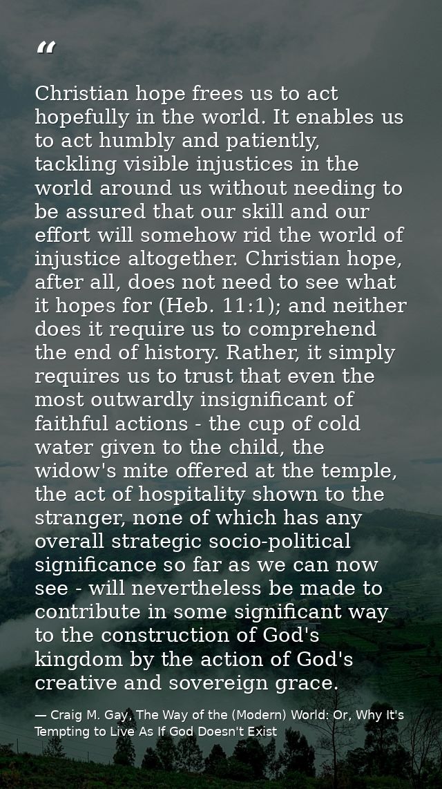 Christian hope frees us to act hopefully in the world. It enables us to act humbly and patiently, tackling visible injus — Craig M. Gay, The Way of the (Modern) World: Or, Why It's Tempting to Live As If God Doesn't Exist