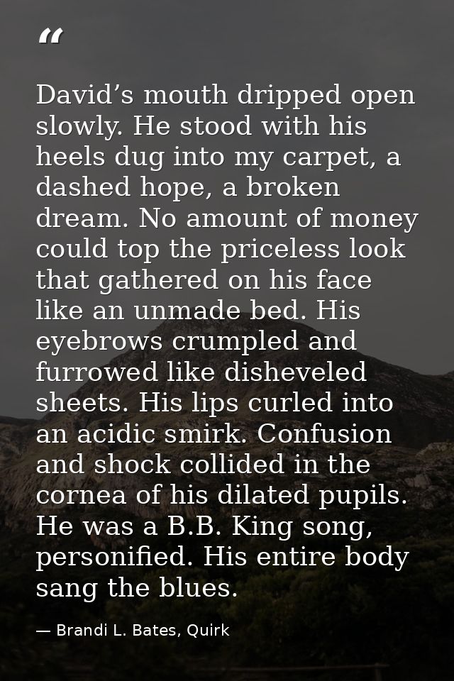 David’s mouth dripped open slowly. He stood with his heels dug into my carpet, a dashed hope, a broken dream. No amount  — Brandi L. Bates, Quirk