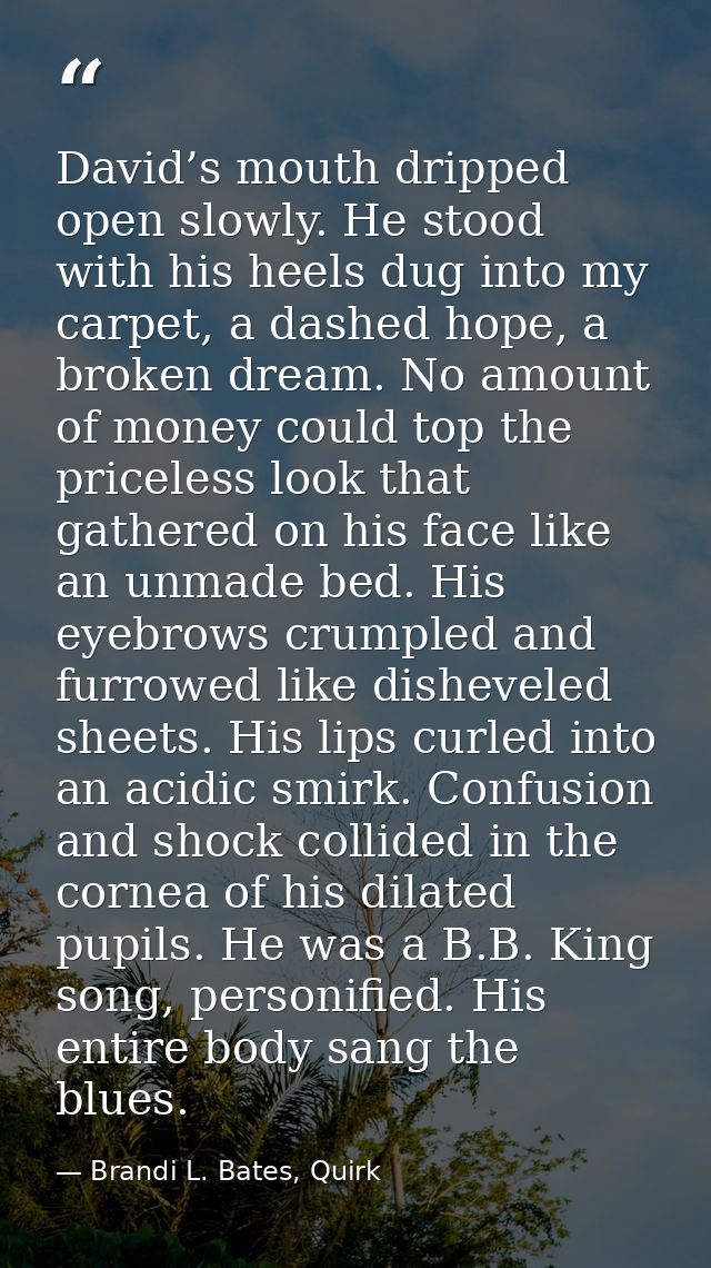 David’s mouth dripped open slowly. He stood with his heels dug into my carpet, a dashed hope, a broken dream. No amount  — Brandi L. Bates, Quirk