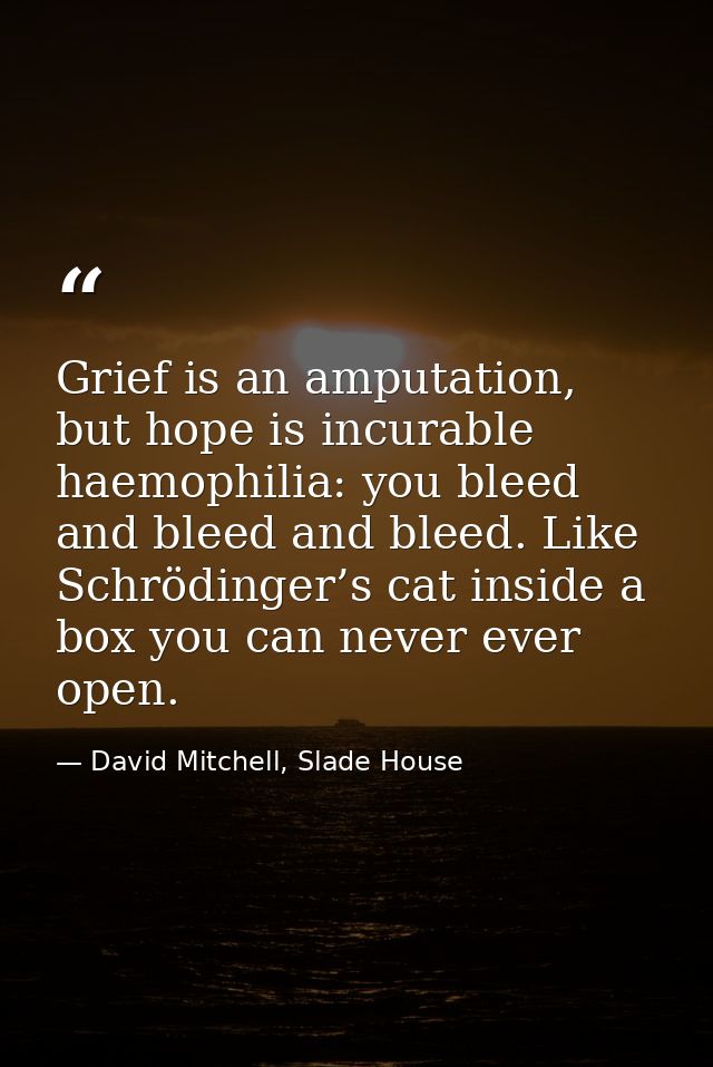 Grief is an amputation, but hope is incurable haemophilia: you bleed and bleed and bleed. Like Schrödinger’s cat inside  — David Mitchell, Slade House