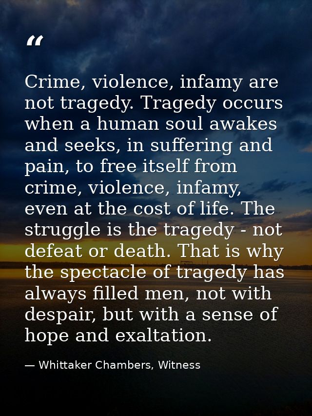 Crime, violence, infamy are not tragedy. Tragedy occurs when a human soul awakes and seeks, in suffering and pain, to fr — Whittaker Chambers, Witness