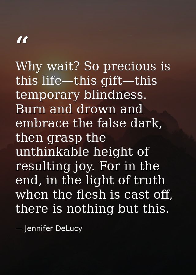 Why wait? So precious is this life—this gift—this temporary blindness. Burn and drown and embrace the false dark, then g — Jennifer DeLucy