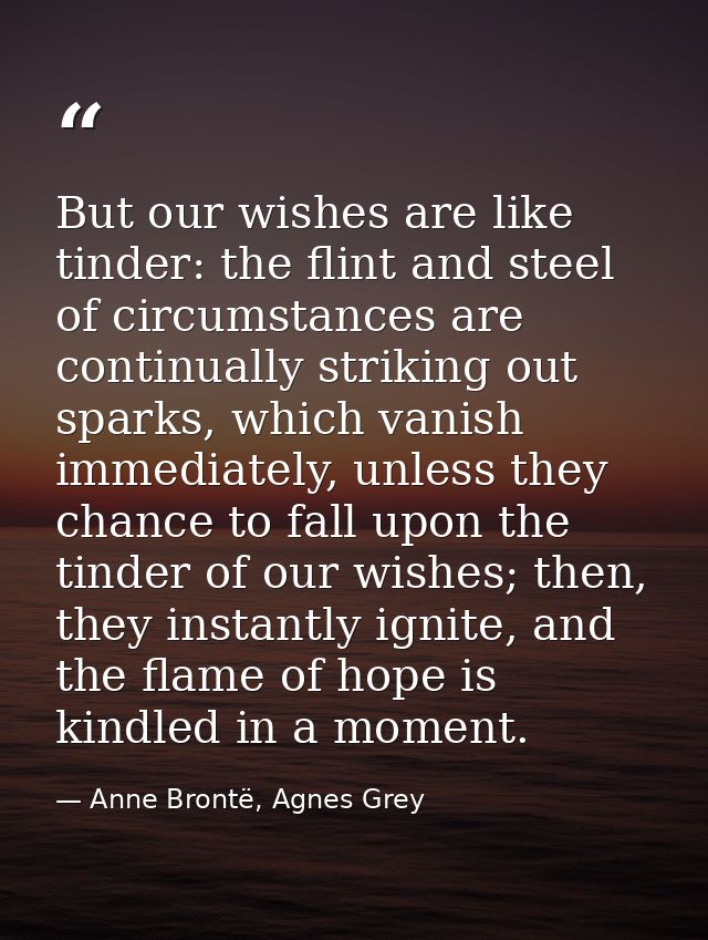 But our wishes are like tinder: the flint and steel of circumstances are continually striking out sparks, which vanish i — Anne Brontë, Agnes Grey