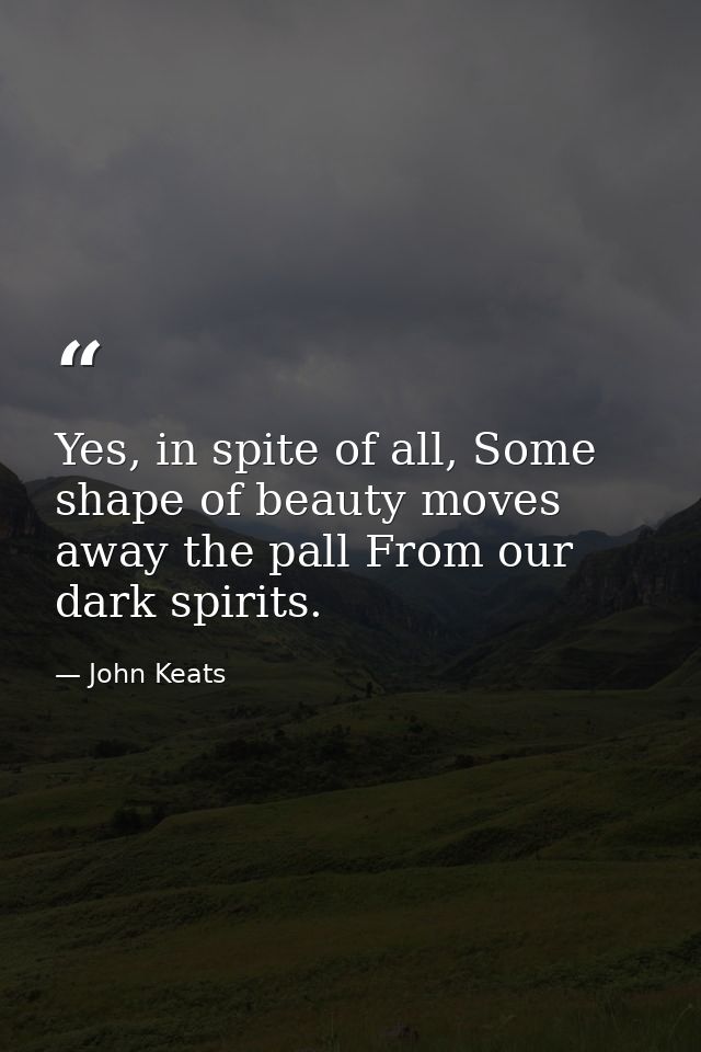 Yes, in spite of all, Some shape of beauty moves away the pall From our dark spirits. — John Keats