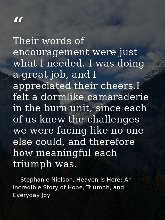 Their words of encouragement were just what I needed. I was doing a great job, and I appreciated their cheers.I felt a d — Stephanie Nielson, Heaven Is Here: An Incredible Story of Hope, Triumph, and Everyday Joy