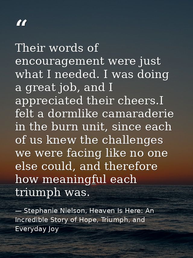 Their words of encouragement were just what I needed. I was doing a great job, and I appreciated their cheers.I felt a d — Stephanie Nielson, Heaven Is Here: An Incredible Story of Hope, Triumph, and Everyday Joy