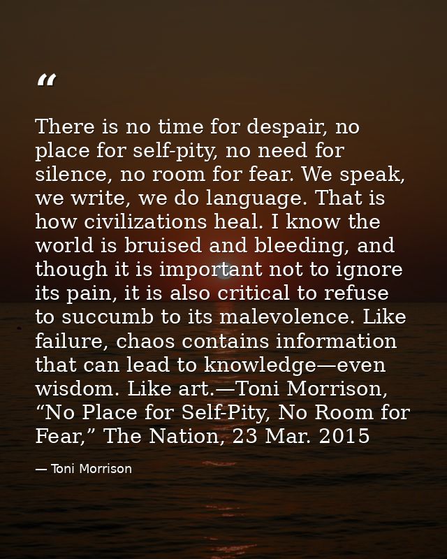 There is no time for despair, no place for self-pity, no need for silence, no room for fear. We speak, we write, we do l — Toni Morrison