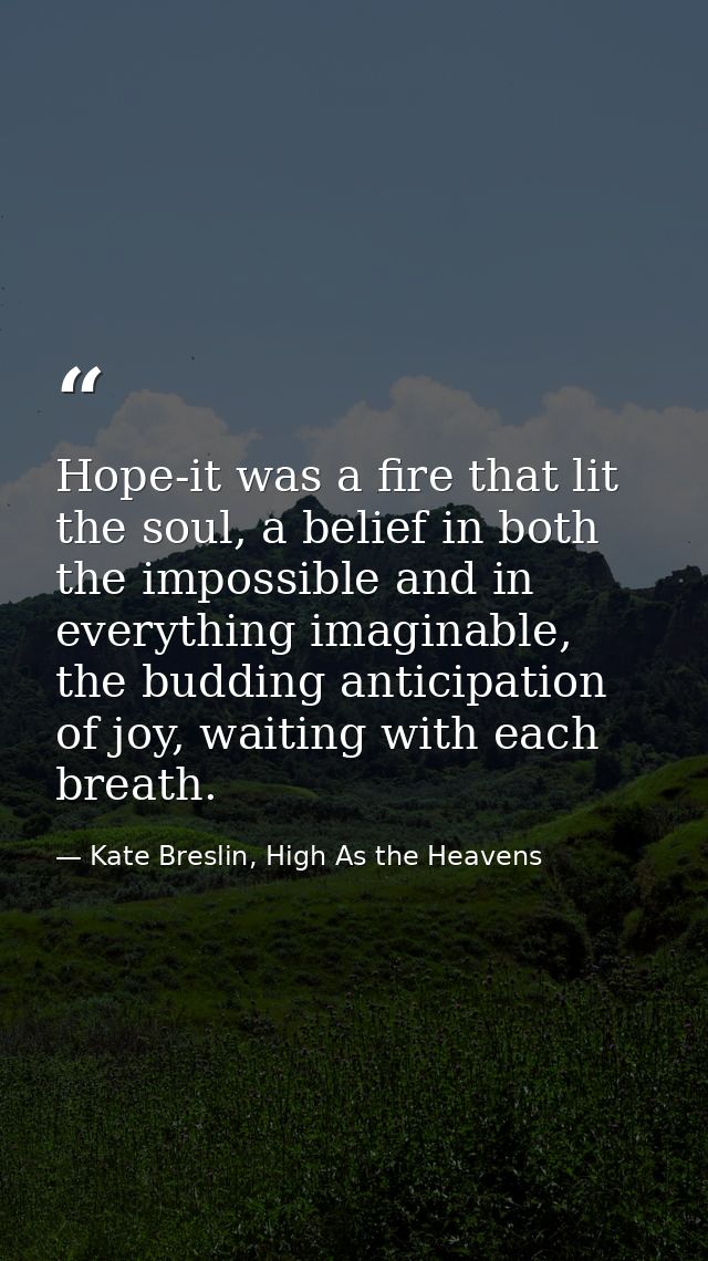 Hope-it was a fire that lit the soul, a belief in both the impossible and in everything imaginable, the budding anticipa — Kate Breslin, High As the Heavens