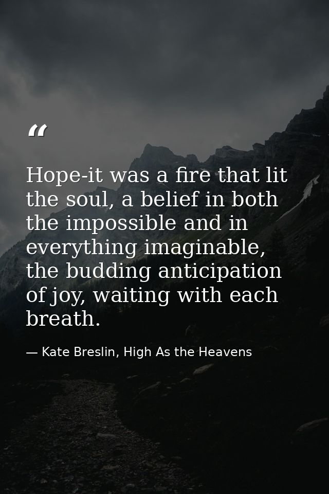 Hope-it was a fire that lit the soul, a belief in both the impossible and in everything imaginable, the budding anticipa — Kate Breslin, High As the Heavens
