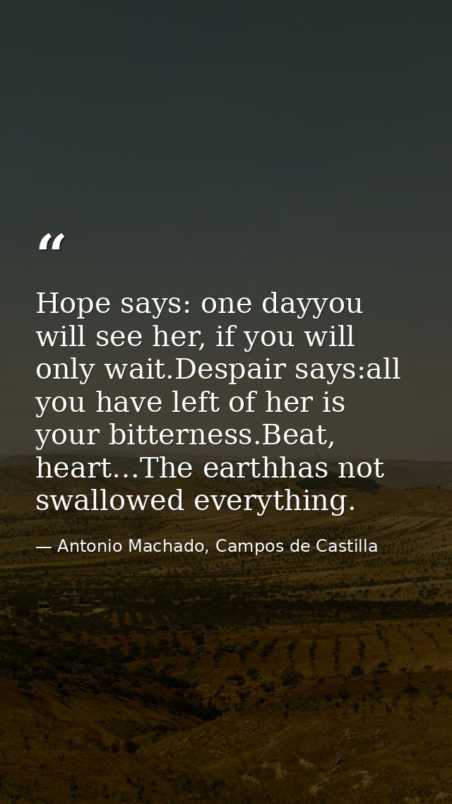 Hope says: one dayyou will see her, if you will only wait.Despair says:all you have left of her is your bitterness.Beat, — Antonio Machado, Campos de Castilla