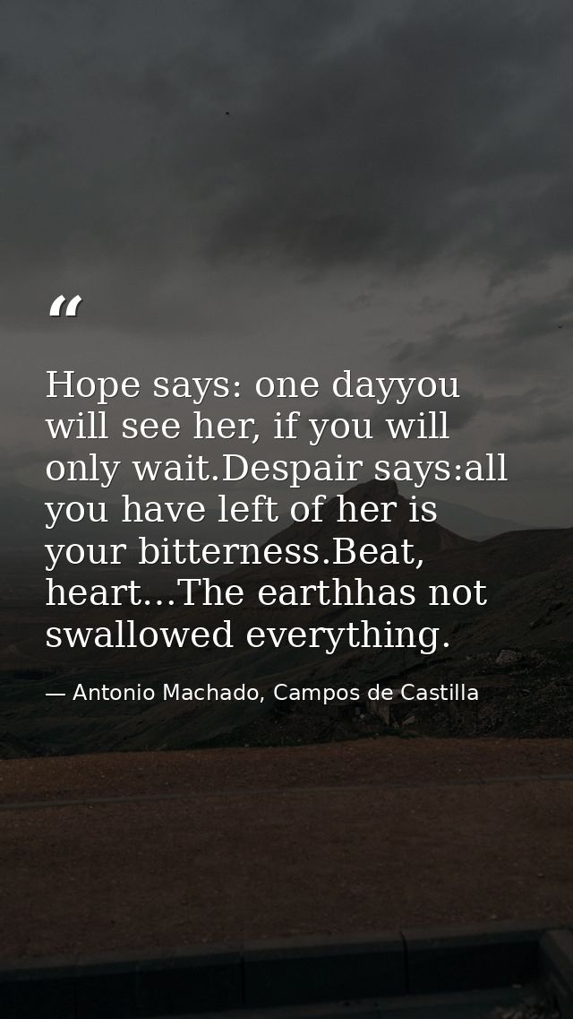 Hope says: one dayyou will see her, if you will only wait.Despair says:all you have left of her is your bitterness.Beat, — Antonio Machado, Campos de Castilla