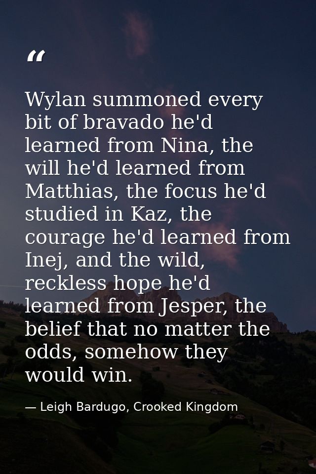 Wylan summoned every bit of bravado he'd learned from Nina, the will he'd learned from Matthias, the focus he'd studied  — Leigh Bardugo, Crooked Kingdom