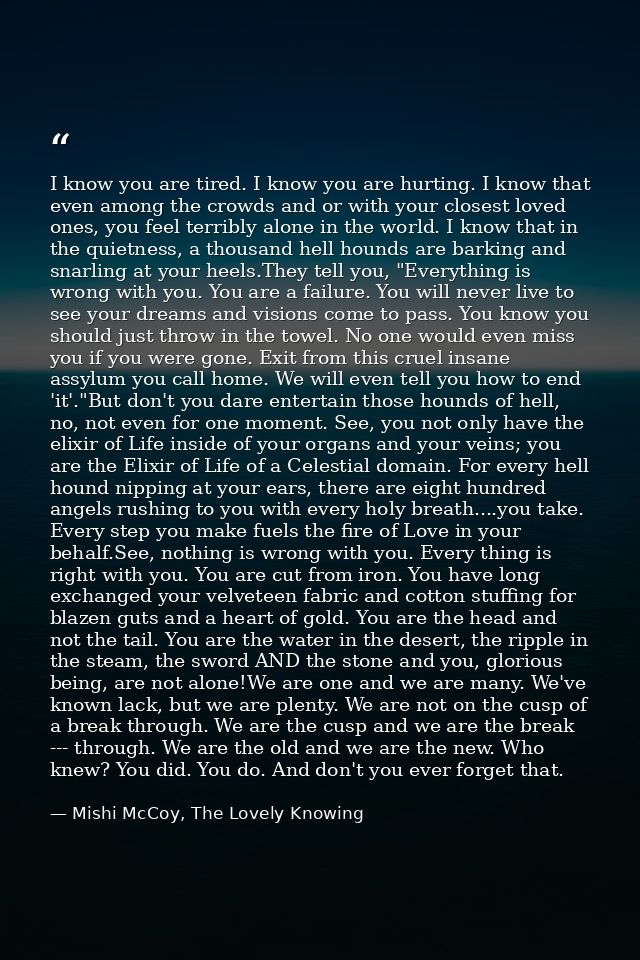 I know you are tired. I know you are hurting. I know that even among the crowds and or with your closest loved ones, you — Mishi McCoy, The Lovely Knowing