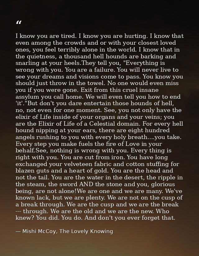 I know you are tired. I know you are hurting. I know that even among the crowds and or with your closest loved ones, you — Mishi McCoy, The Lovely Knowing