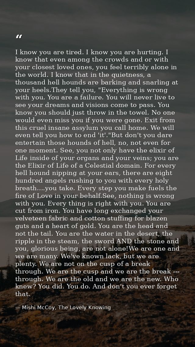I know you are tired. I know you are hurting. I know that even among the crowds and or with your closest loved ones, you — Mishi McCoy, The Lovely Knowing