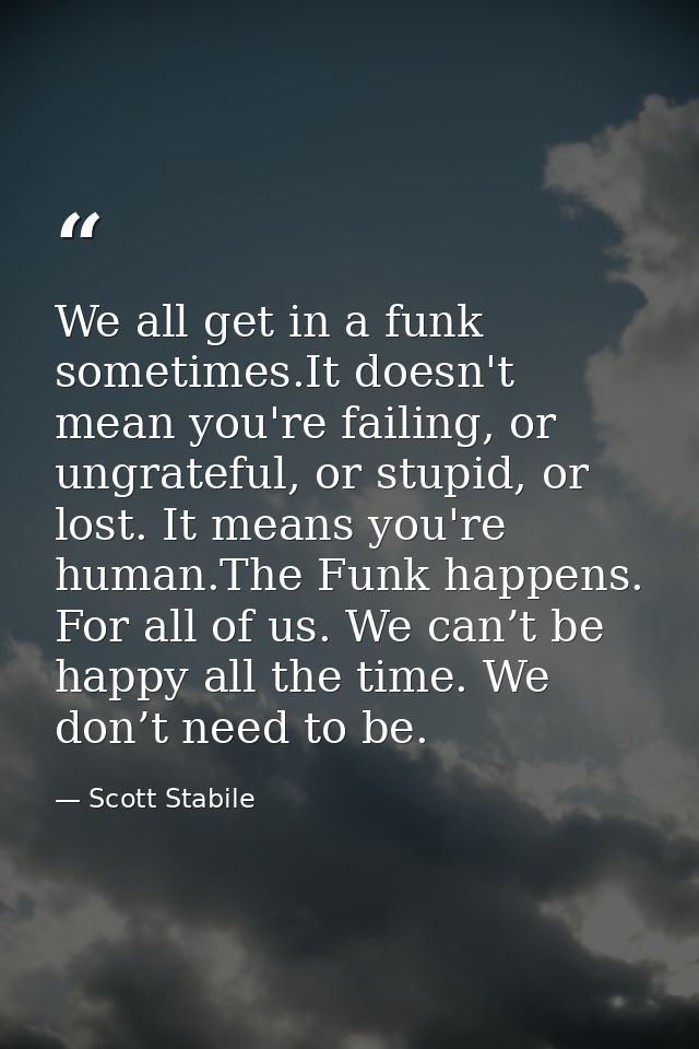 We all get in a funk sometimes.It doesn't mean you're failing, or ungrateful, or stupid, or lost. It means you're human. — Scott Stabile